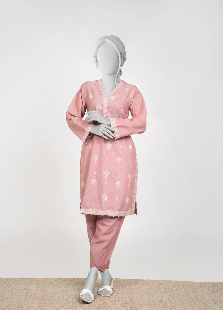 Ayla Studio Women Pret Chambray Solid Embroidered 2-Piece RTW Pink - Winter Collection