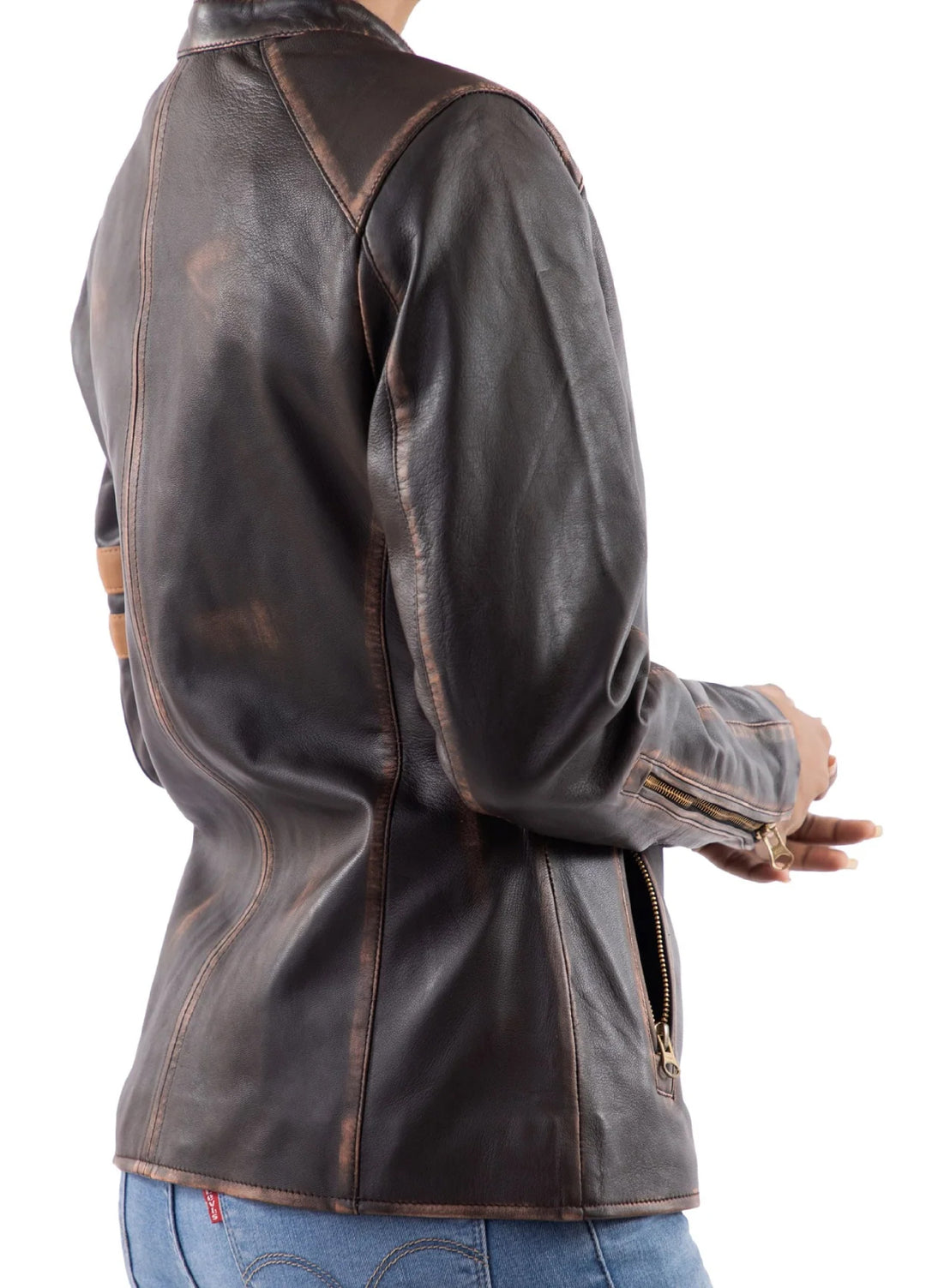Jild Bomber Jacket Solids Distressed Racer Vintage Leather Jacket Women Brown - Winter Collection