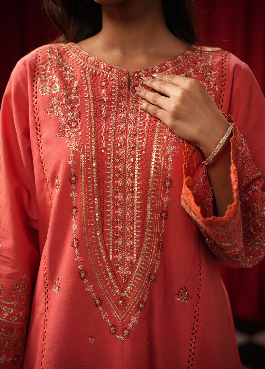 Freesia by Zouj Unstitched Embroidered Cotton 3 Piece Suit ZJ26UFC BURNT SAFFRON ZCS-00015 - Festive Collection