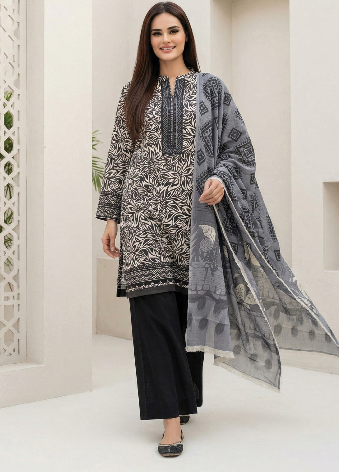 Black N White by Regalia Textiles Unstitched Printed Lawn 3 Piece Suit RG26ULBW D3 - Casual Collection