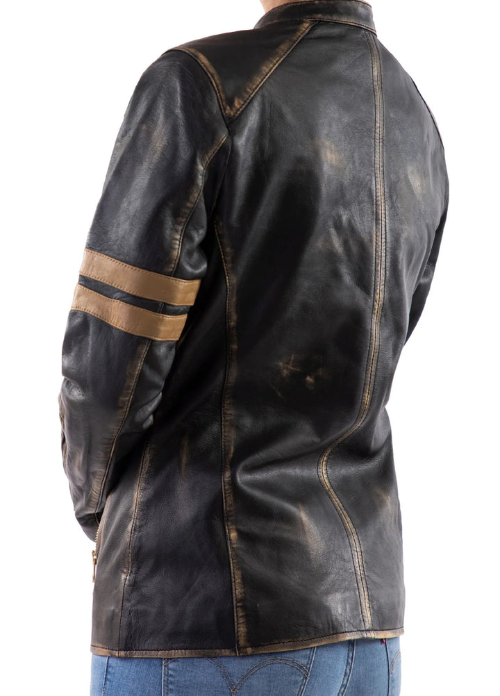 Jild Bomber Jacket Solids Distressed Racer Vintage Leather Jacket Women Black - Winter Collection