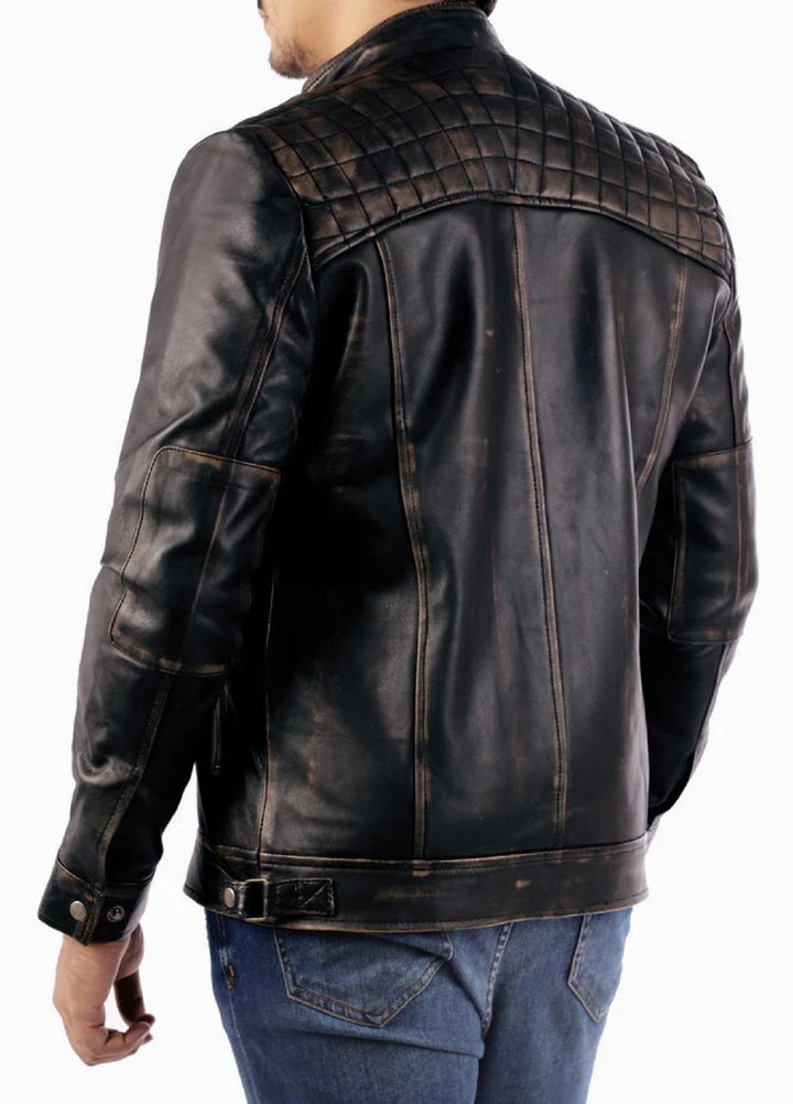 Men's Casual Signature Diamond Lambskin Leather Jacket-Vintage Black