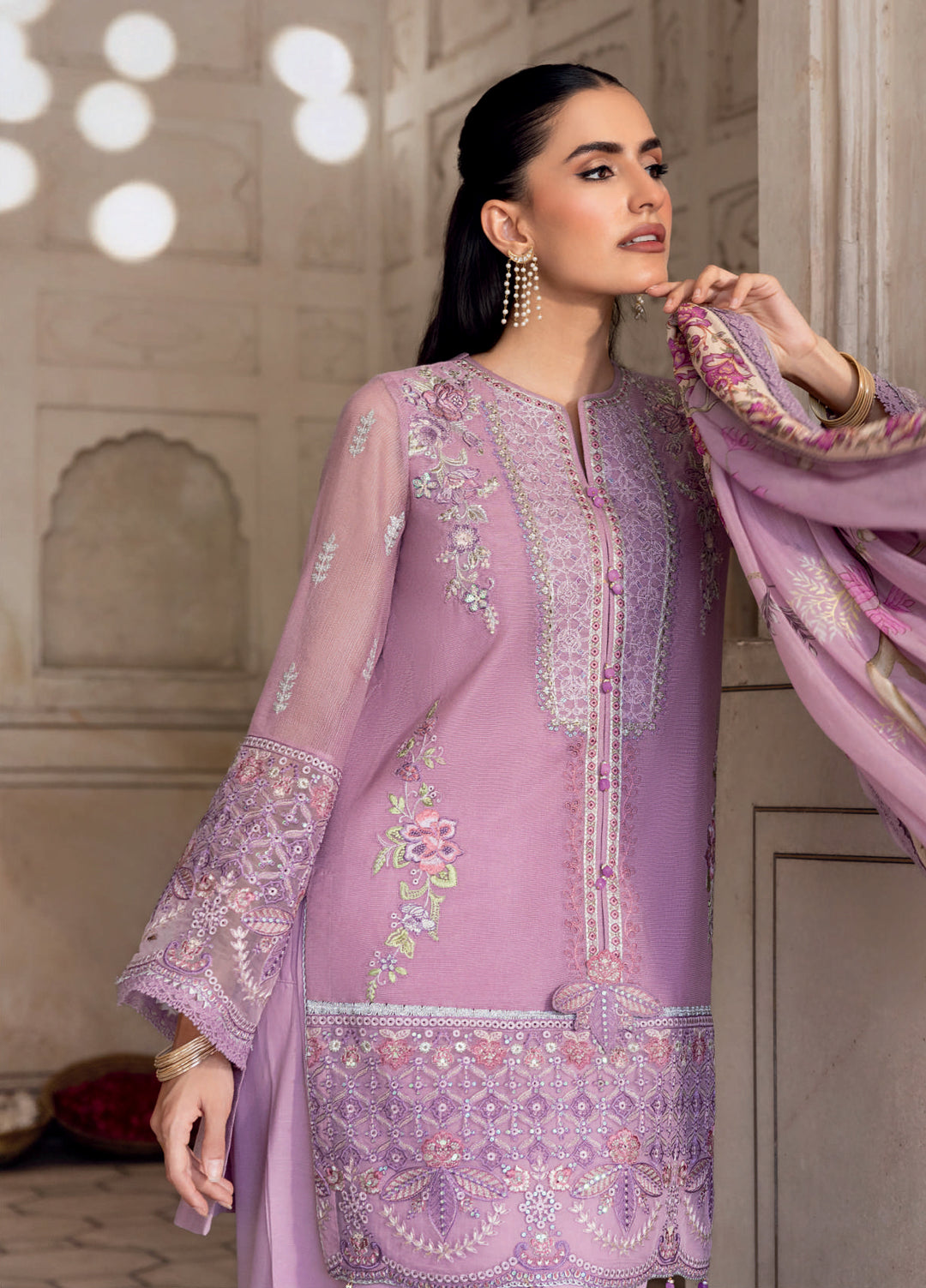 M basics by Maria B Unstitched Organza Embroidered Suits 3 Piece MB25WF D-802 Lilac - Winter Collection