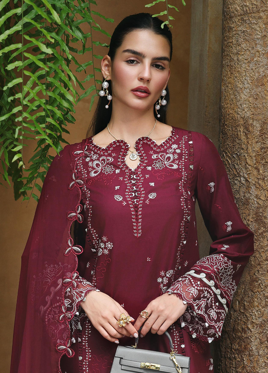 Q Line by Qalamkar Unstitched Chikankari Embroidered Lawn 3 Piece Suit QLK26UQL RP-12 GARNET - Summer Collection