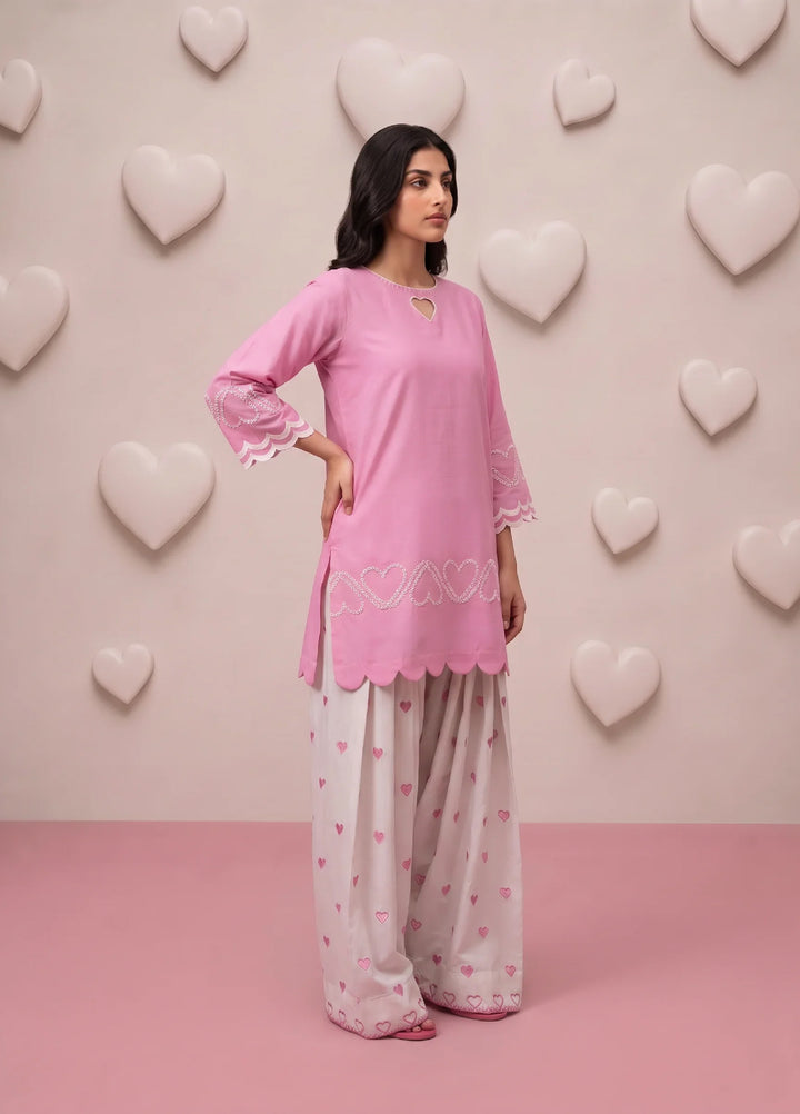 Scherezade Women RTW Embroidered Lawn Cotton 3 Piece Suit PINK HEARTS - Casual Collection