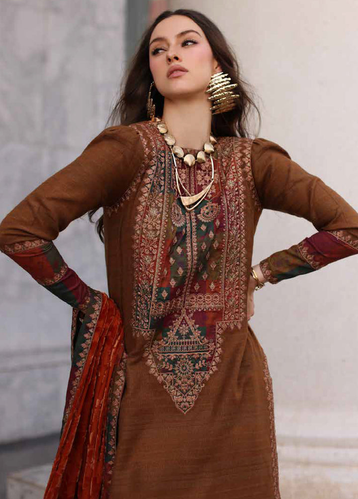 Poshima by Charizma Unstitched Peach Leather Embroidered Suit with Velvet Shawl 3 Piece CRZ25LW PSW5-18 - Winter Collection