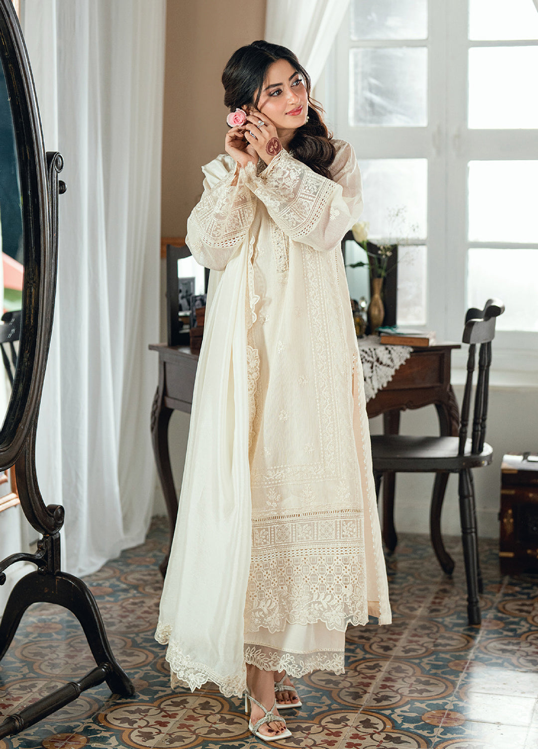 Eid Ensembles by Azure Unstitched Embroidered Khaddi Net 3 Piece Suit AZ26UEE ES-136 Ivory Petal - Eid Collection