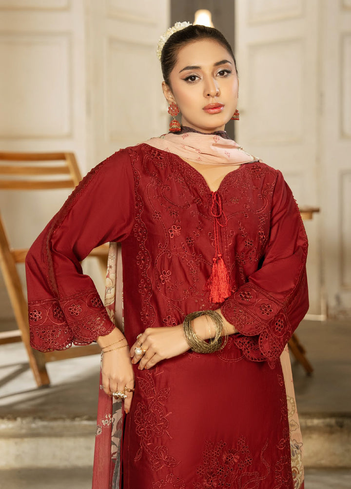 Dhaga Women RTW Embroidered Cotton 3 Piece DHG26PCN Ruby dusk - Eid Collection