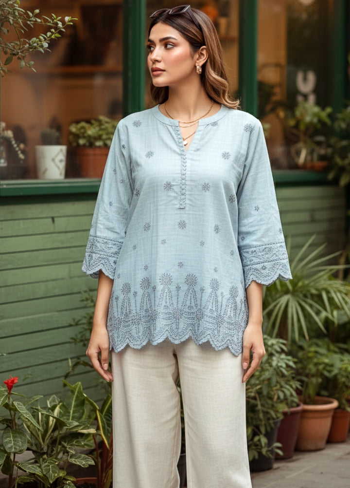 Lakhany Women Pret Embroidered Cambric Shirt Sky blue - Winter Collection