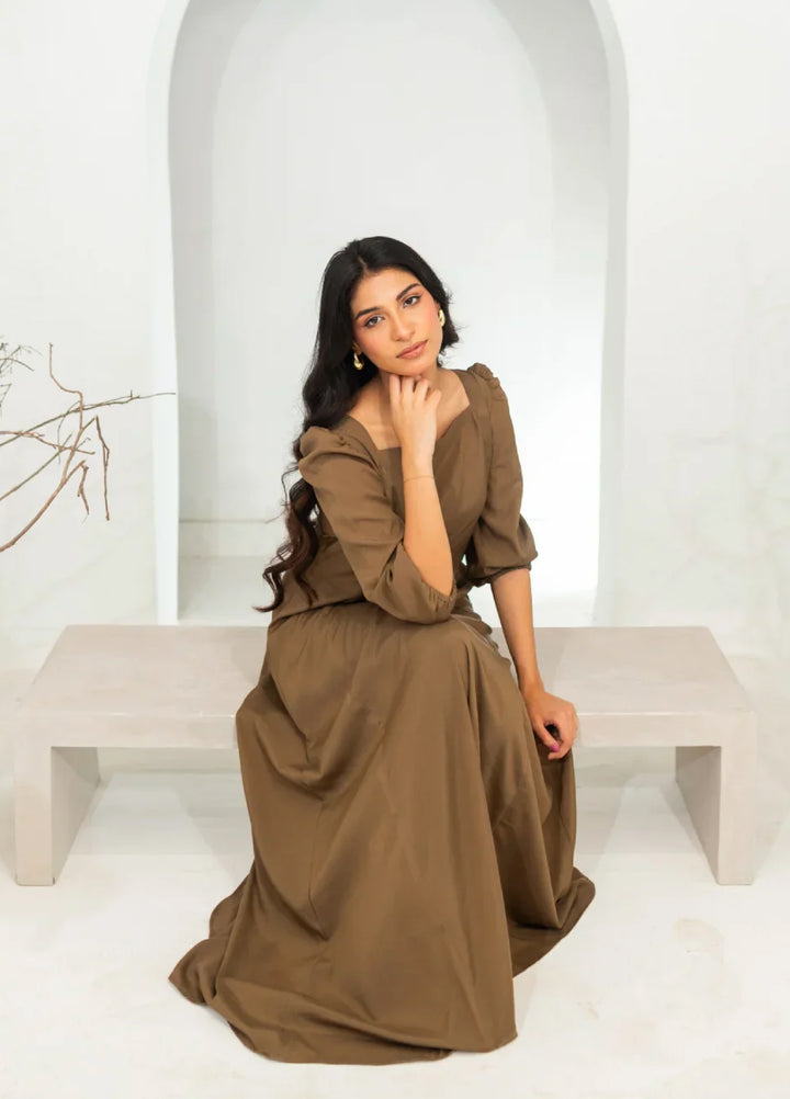 Zauk Pret Wrinkle Free Crepe 1 Piece Solids Khaki Long Dress - Casual Collection