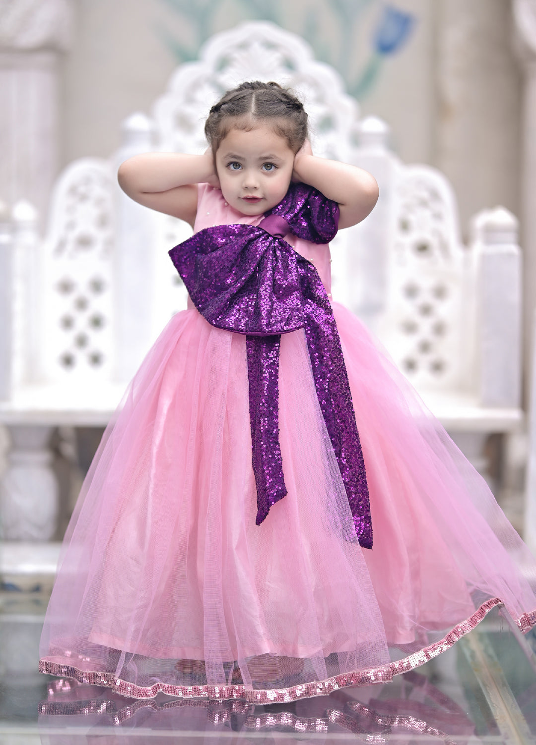 Andaz e Jahan by Qurratulain Saqib Pret kids Bareeze Net 1 Piece Solids Pink Plum Sequins Bow - Wedding Collection