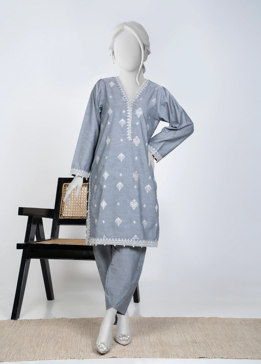 Ayla Studio Women Pret Chambray Solid Embroidered 2-Piece RTW Grey - Winter Collection