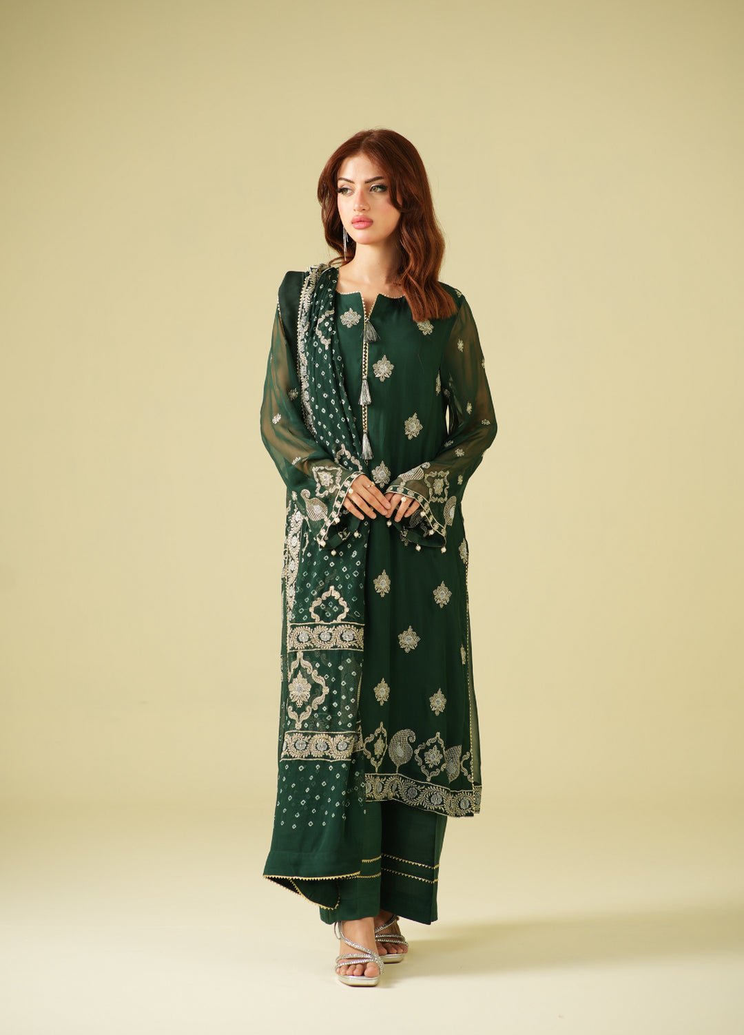 Satrang by Zouj Unstitched Chunri Chiffon Embroidered Suits 3 Piece ZJ25SC ZJCH-0030 Dark Green - Festive Collection