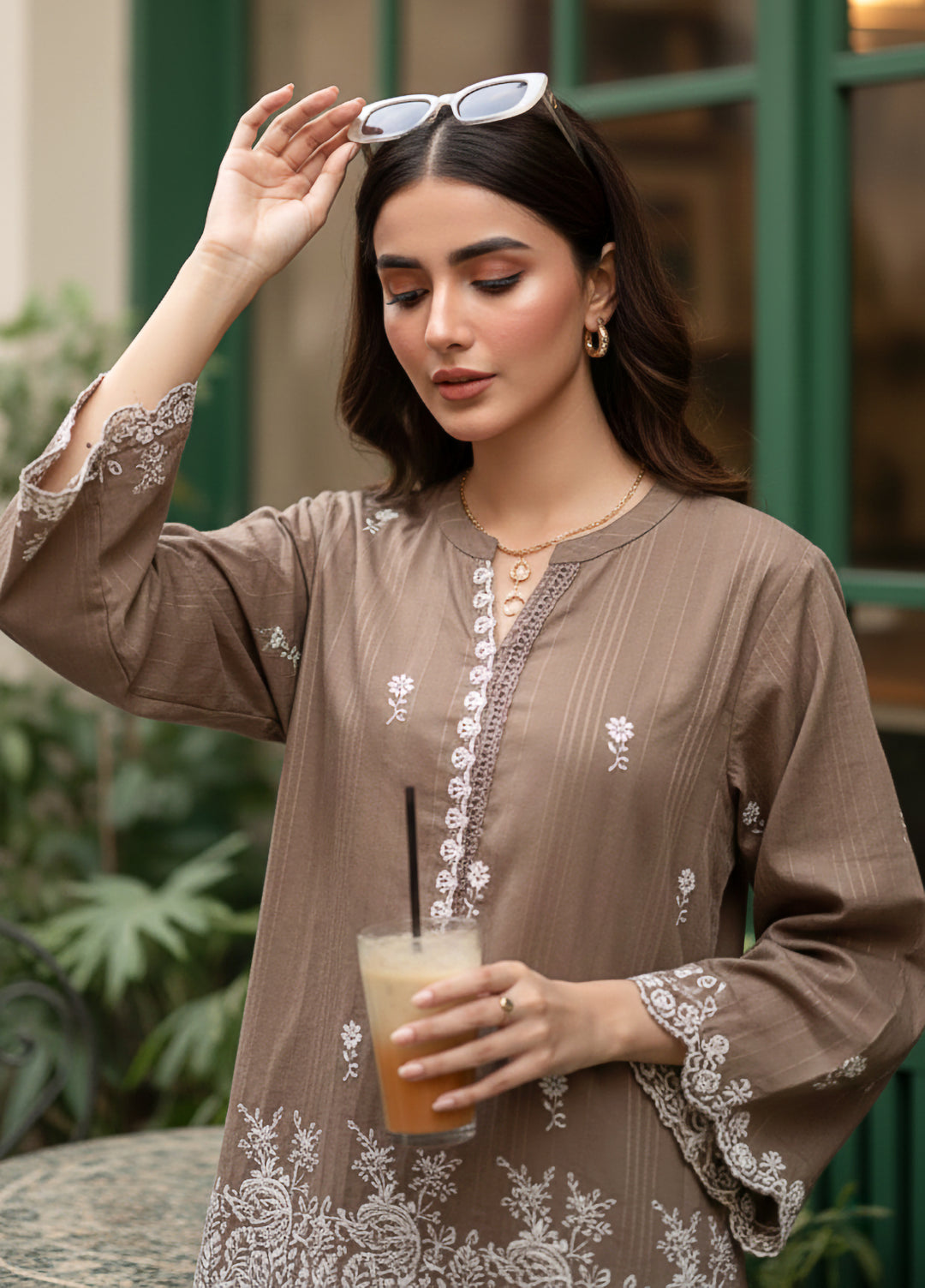 Lakhany Women Pret Embroidered Cambric Shirt Brown - Winter Collection