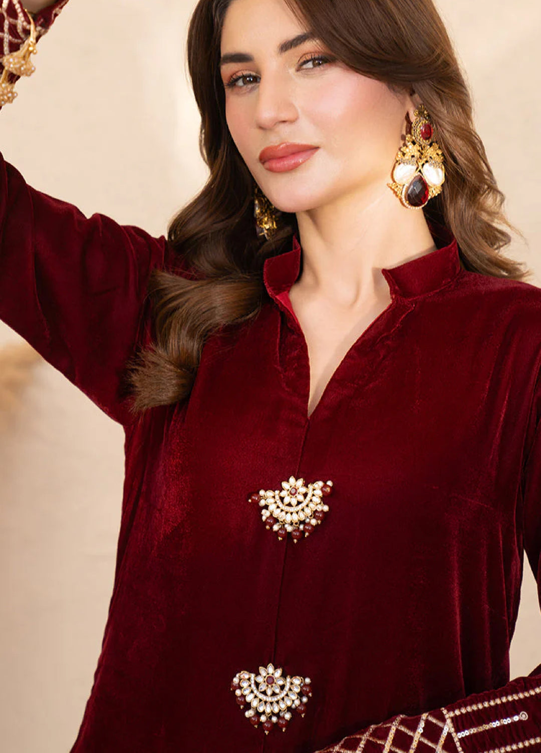 Winter Hues by Naayas Women Pret Embroidered Kaftaan Velvet Ambery - Winter Collection