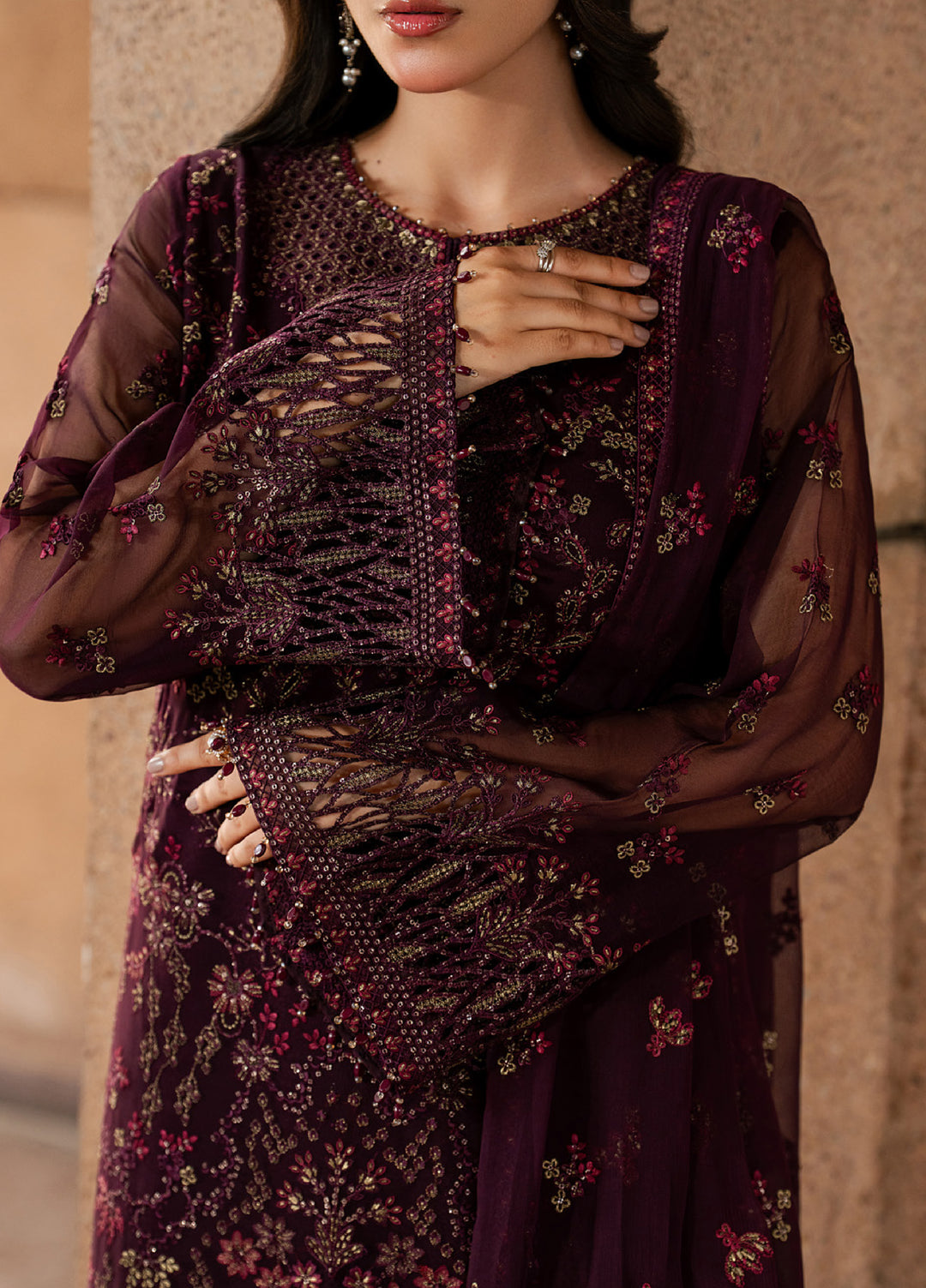 Lazawal by Lavish Premium Unstitched Embroidered Chiffon 3 Piece Suit LVP26UCL Maroon Majesty - Festive Collection