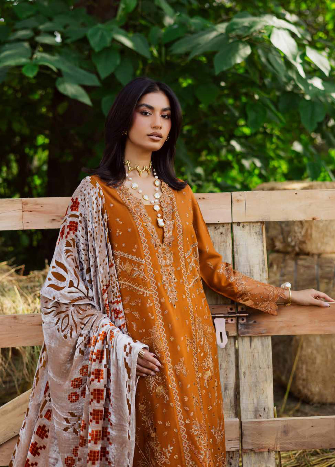 Nureh Exclusive Unstitched Luxury Palachi Embroidered Leather Peach Suits 3 Piece NU25PS NE-188 - Winter Collection