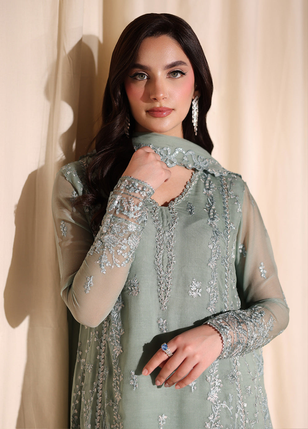 Azure Unstitched Embroidered Chiffon 3 Piece Suit AZ26ULC Satin Sage - Festive Collection