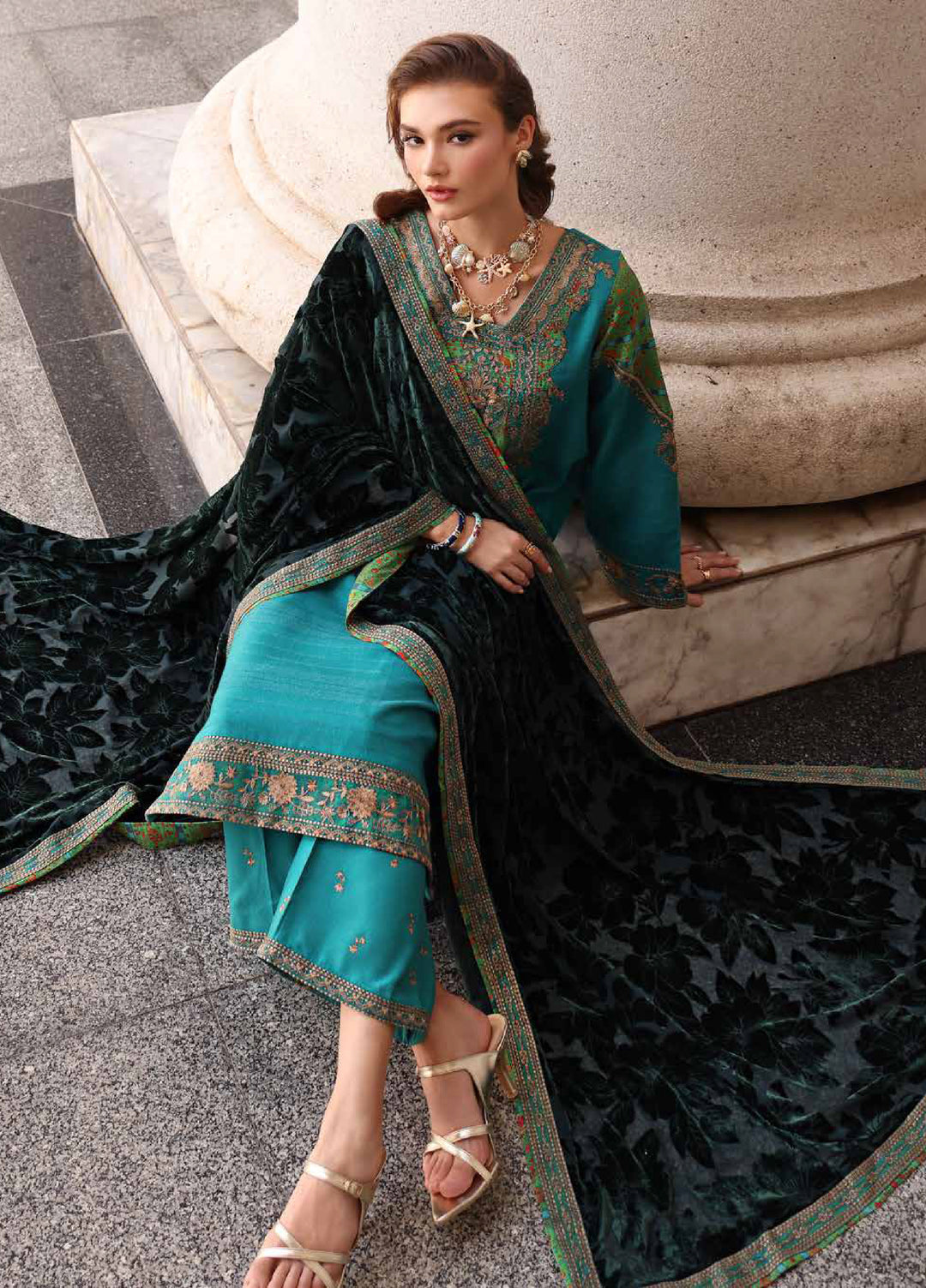 Poshima by Charizma Unstitched Peach Leather Embroidered Suit with Velvet Shawl 3 Piece CRZ25LW PSW5-19 - Winter Collection