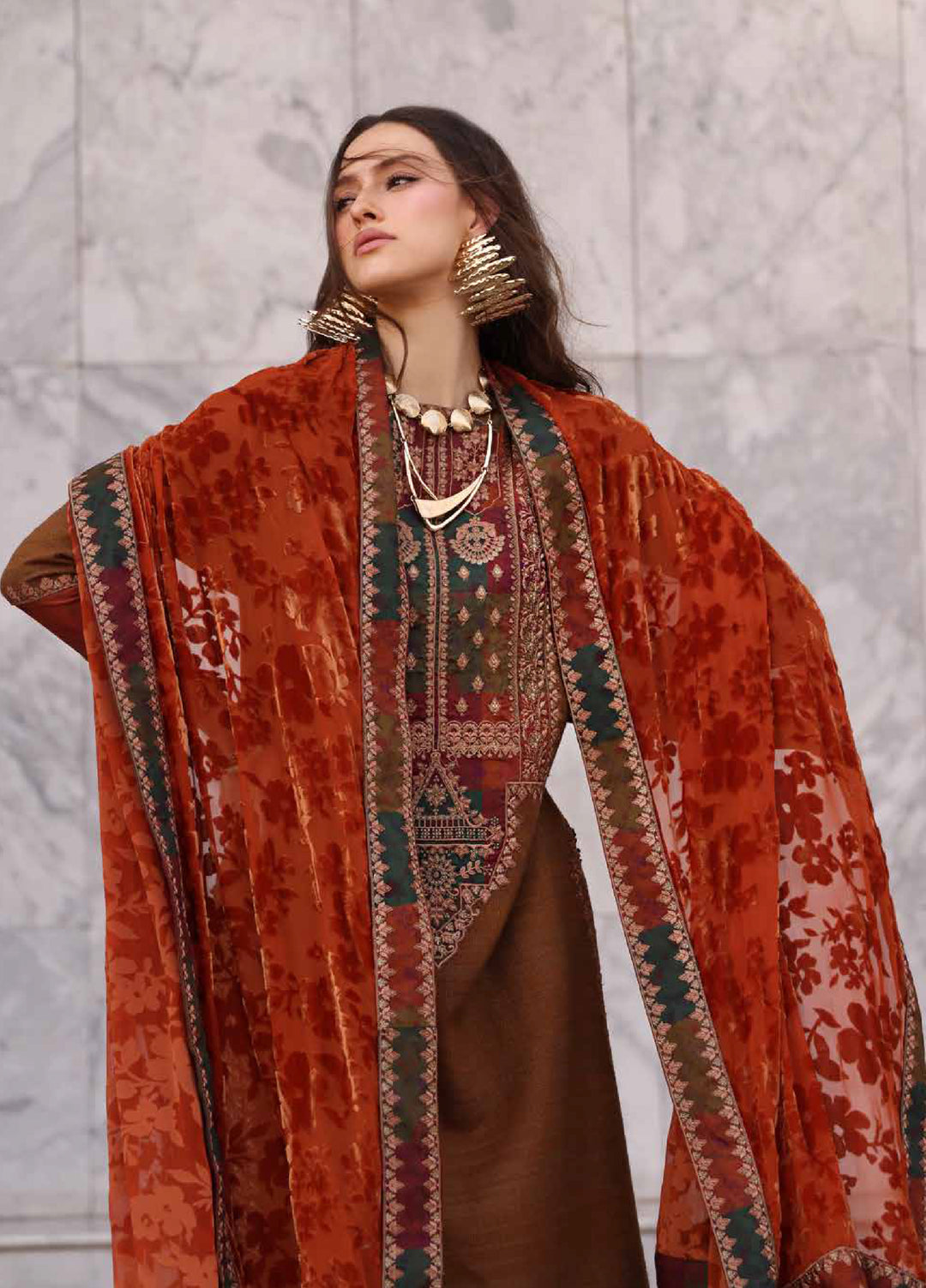Poshima by Charizma Unstitched Peach Leather Embroidered Suit with Velvet Shawl 3 Piece CRZ25LW PSW5-18 - Winter Collection