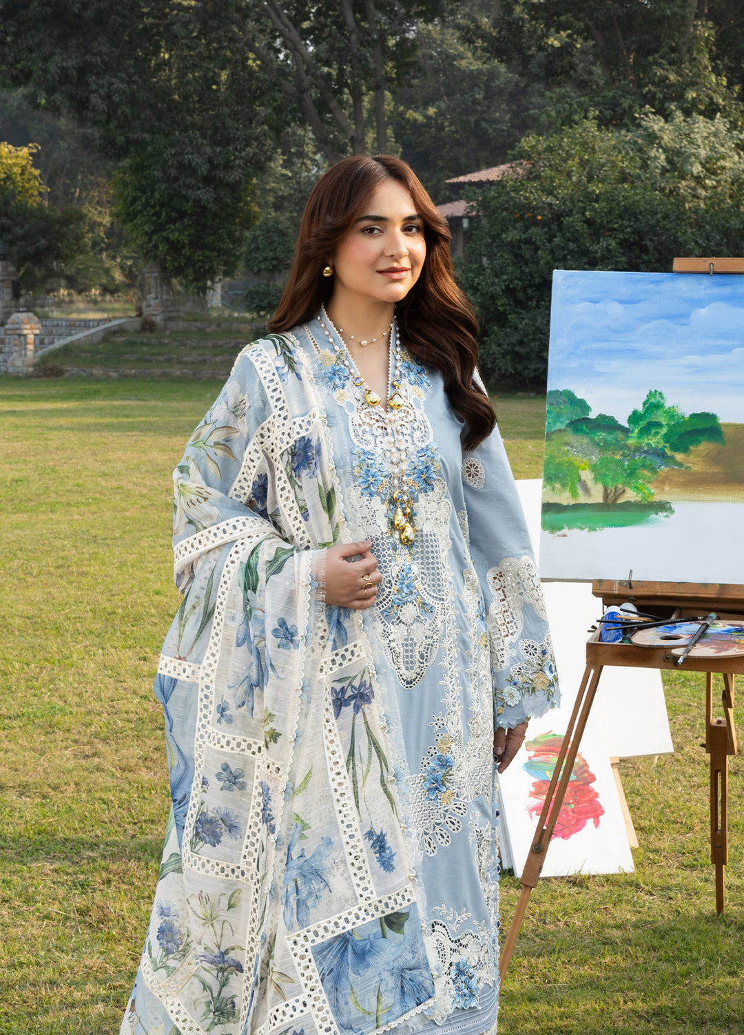 Elaf Premium Unstitched Embroidered Luxury Lawn 3 Piece Suit EL26UPL ELY-1B SERENITY - Summer Collection