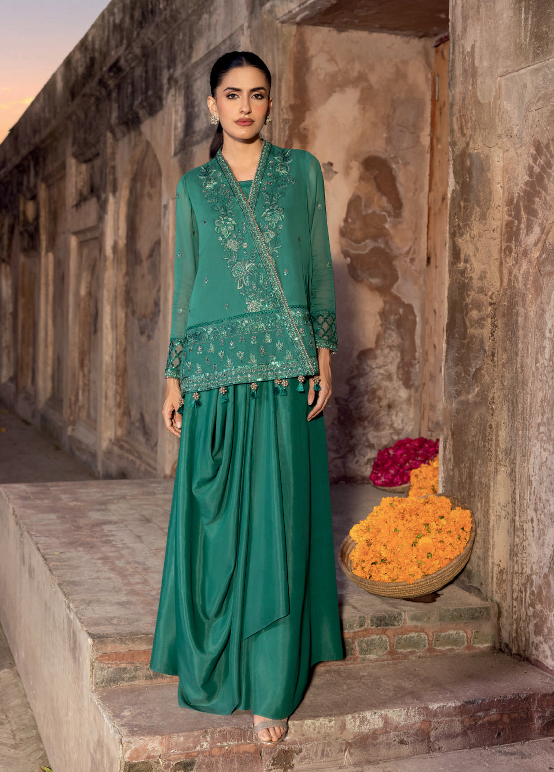 M basics by Maria B Unstitched Organza Embroidered Suits 3 Piece MB25WF D-803 Teal Green - Winter Collection