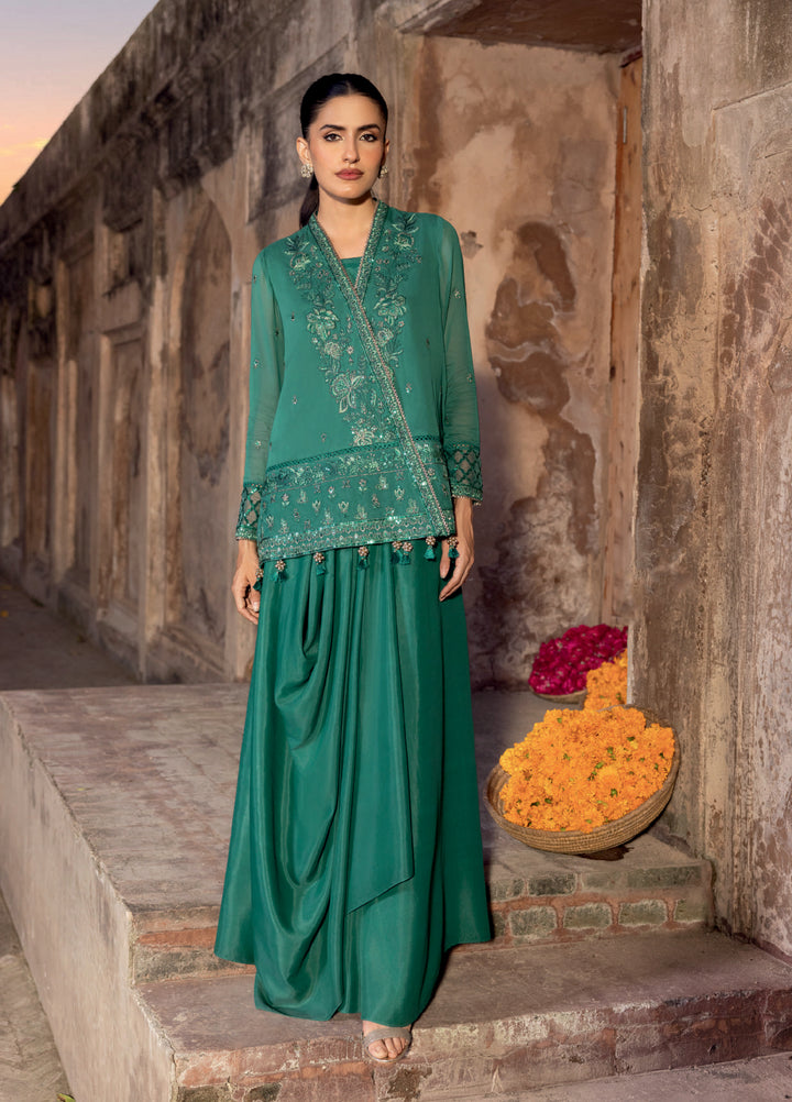 M basics by Maria B Unstitched Organza Embroidered Suits 3 Piece MB25WF D-803 Teal Green - Winter Collection