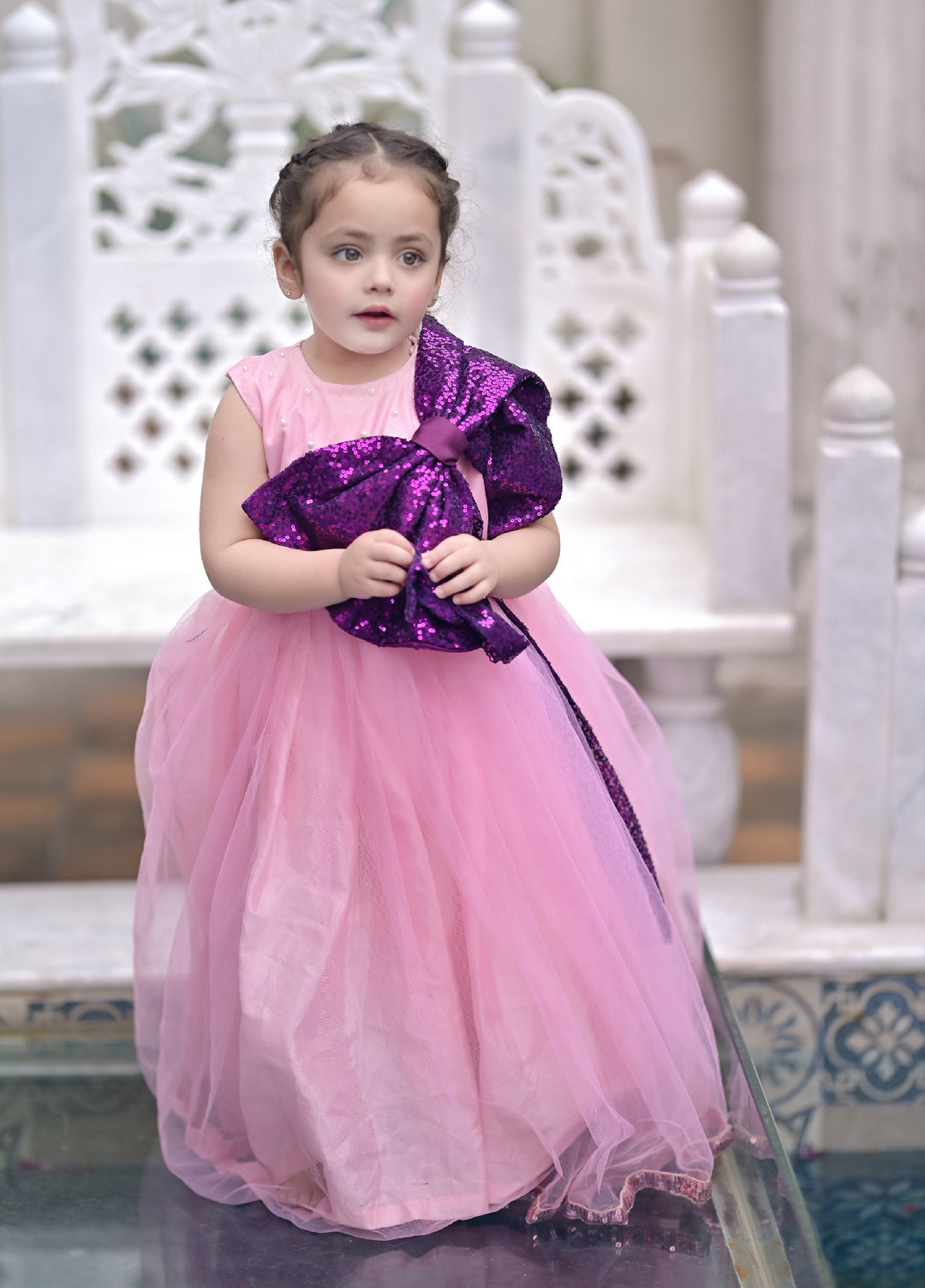 Andaz e Jahan by Qurratulain Saqib Pret kids Bareeze Net 1 Piece Solids Pink Plum Sequins Bow - Wedding Collection