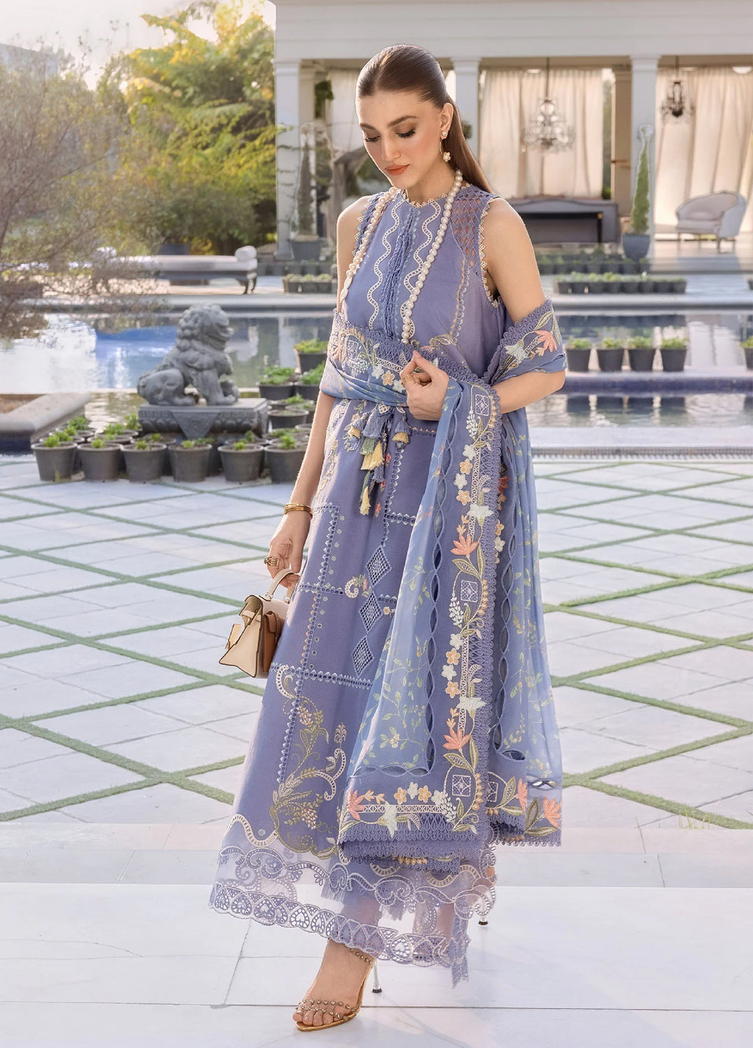 Flow by Crimson Unstitched Embroidered Lawn 3 Piece Suit CR26UFL D1 B-Deep Periwinkle - Festive Collection