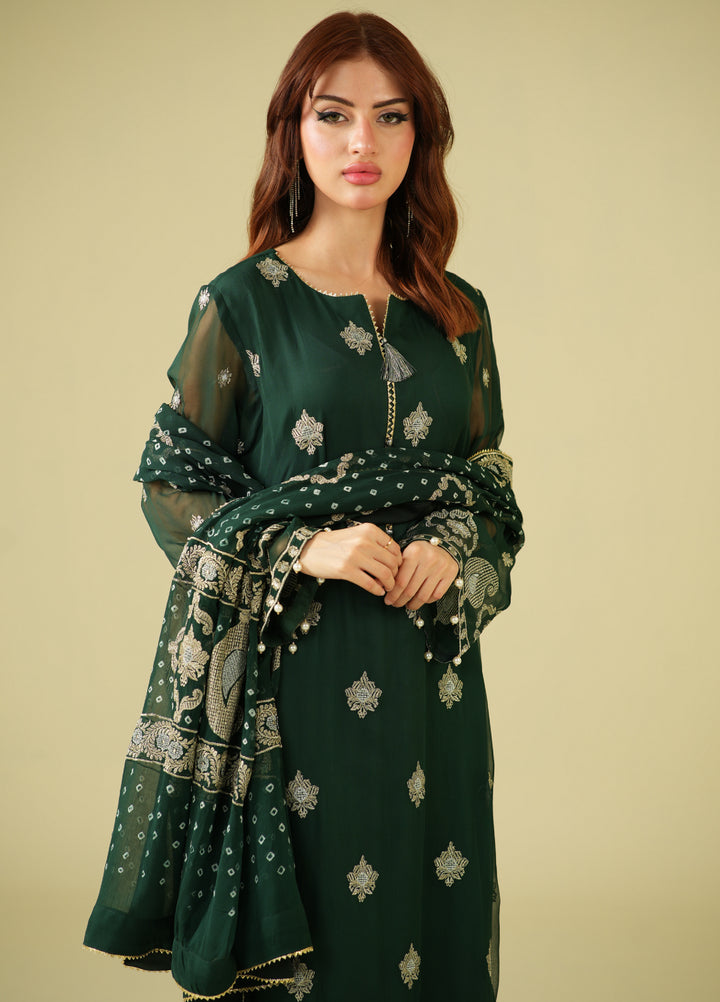Satrang by Zouj Unstitched Chunri Chiffon Embroidered Suits 3 Piece ZJ25SC ZJCH-0030 Dark Green - Festive Collection