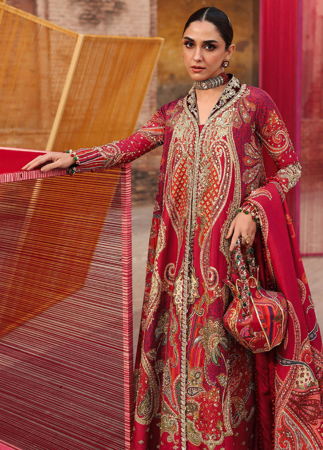 Crimson Unstitched Embroidered Silk 3 Piece Suit CR26UW D-1 Damini Scarlet - Festive Collection