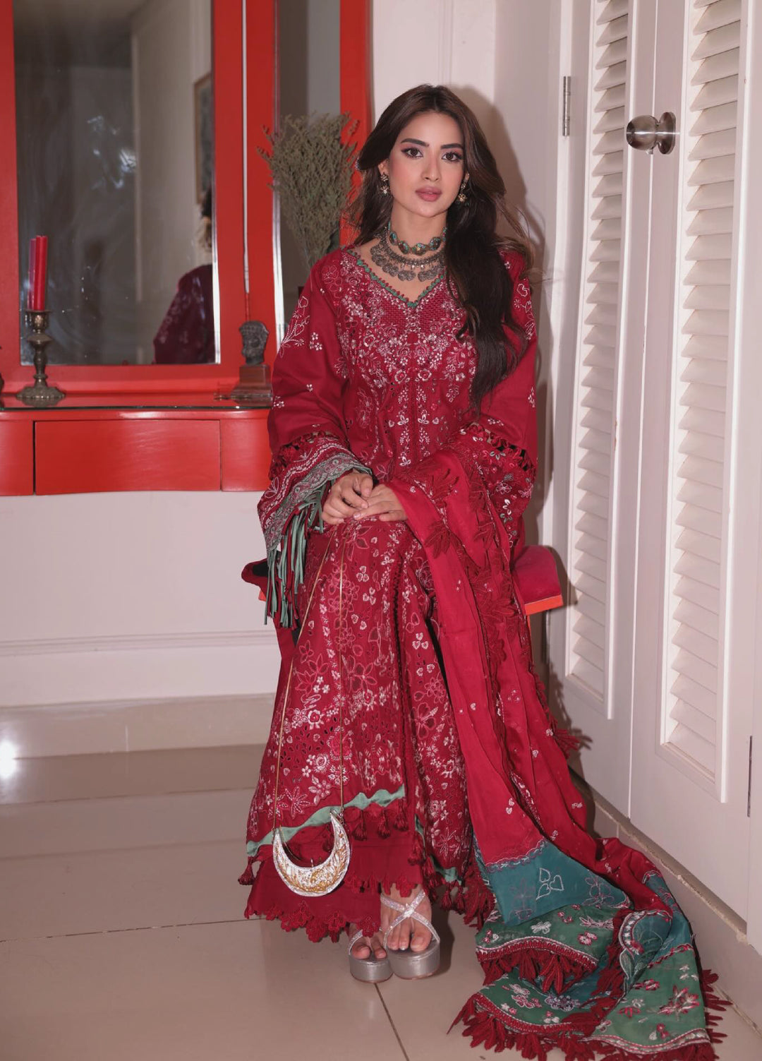 Camelia by Sundas Ahad Unstitched Embroidered Luxury Lawn 3 Piece Suit SNA26UC EL-02 Red Rouge - Festive Collection