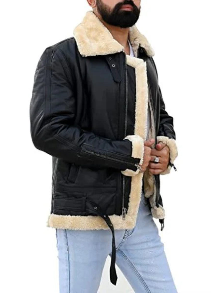 Jild Bomber Jacket Solids Mens Premium Shearling Fur Leather Jacket Black - Winter Collection