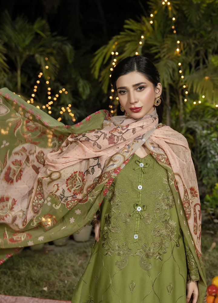 Dhaga Women RTW Embroidered Cotton 3 Piece DHG26PCN Olivkovyy - Eid Collection