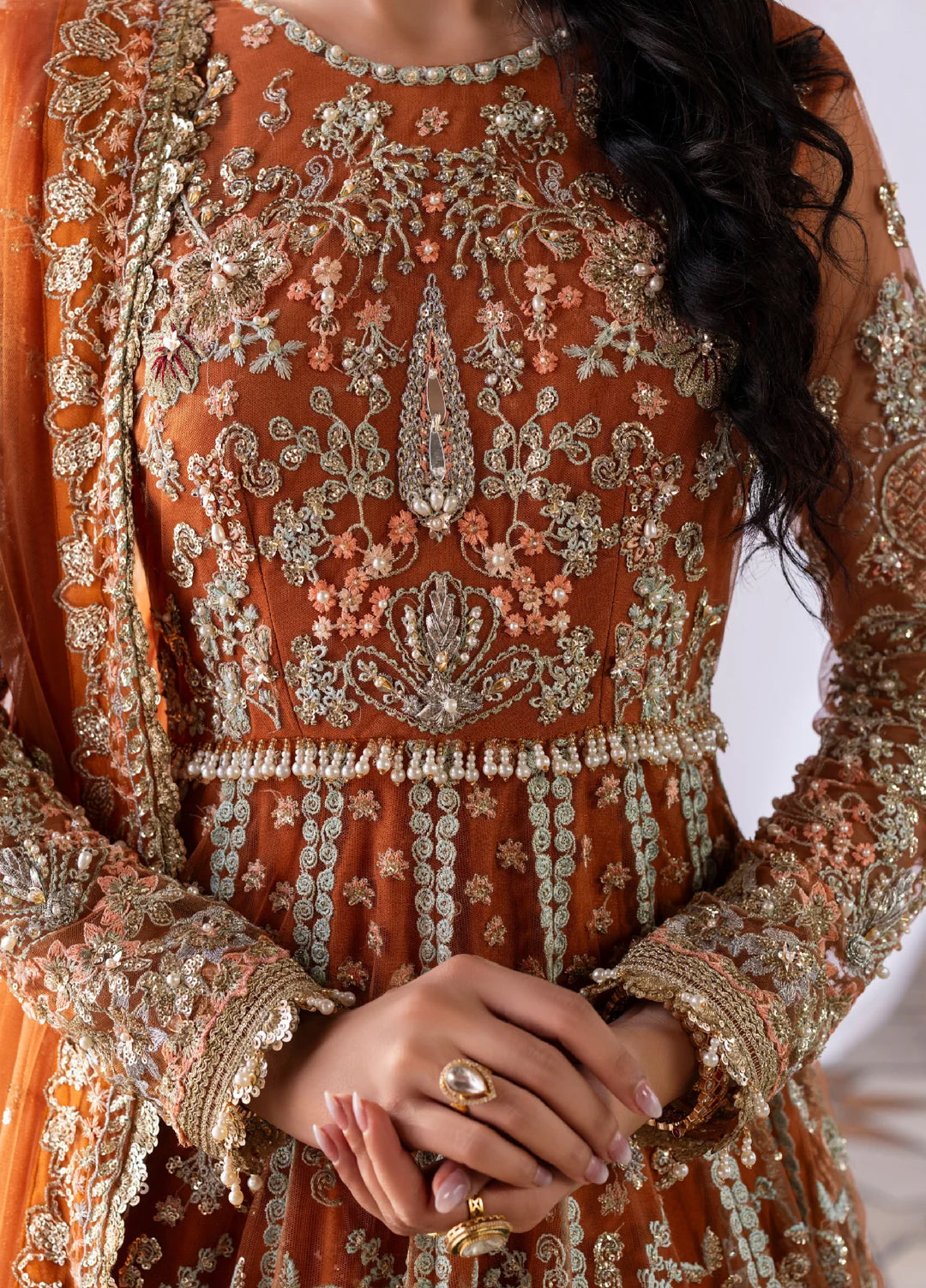 Ember by Aylin Unstitched Net Embroidered Suits 3 Piece AYL25EF D2-Saffron - Festive Collection