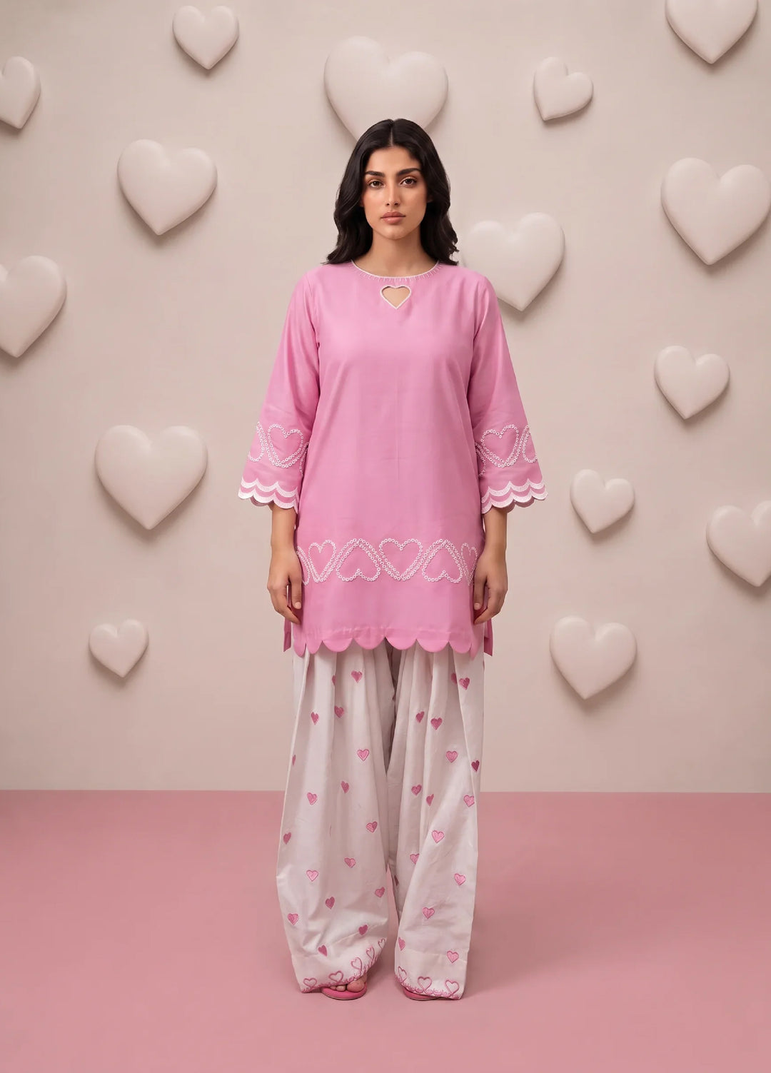 Scherezade Women RTW Embroidered Lawn Cotton 3 Piece Suit PINK HEARTS - Casual Collection