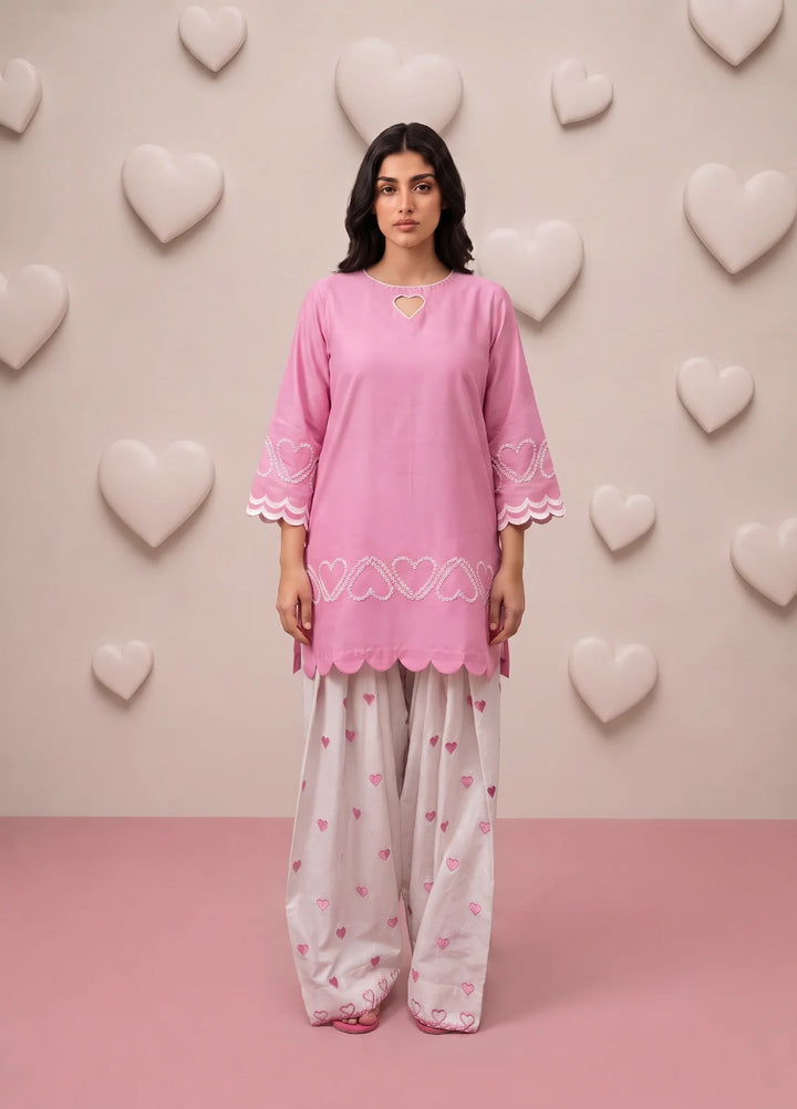 Scherezade Women RTW Embroidered Lawn Cotton 3 Piece Suit PINK HEARTS - Casual Collection