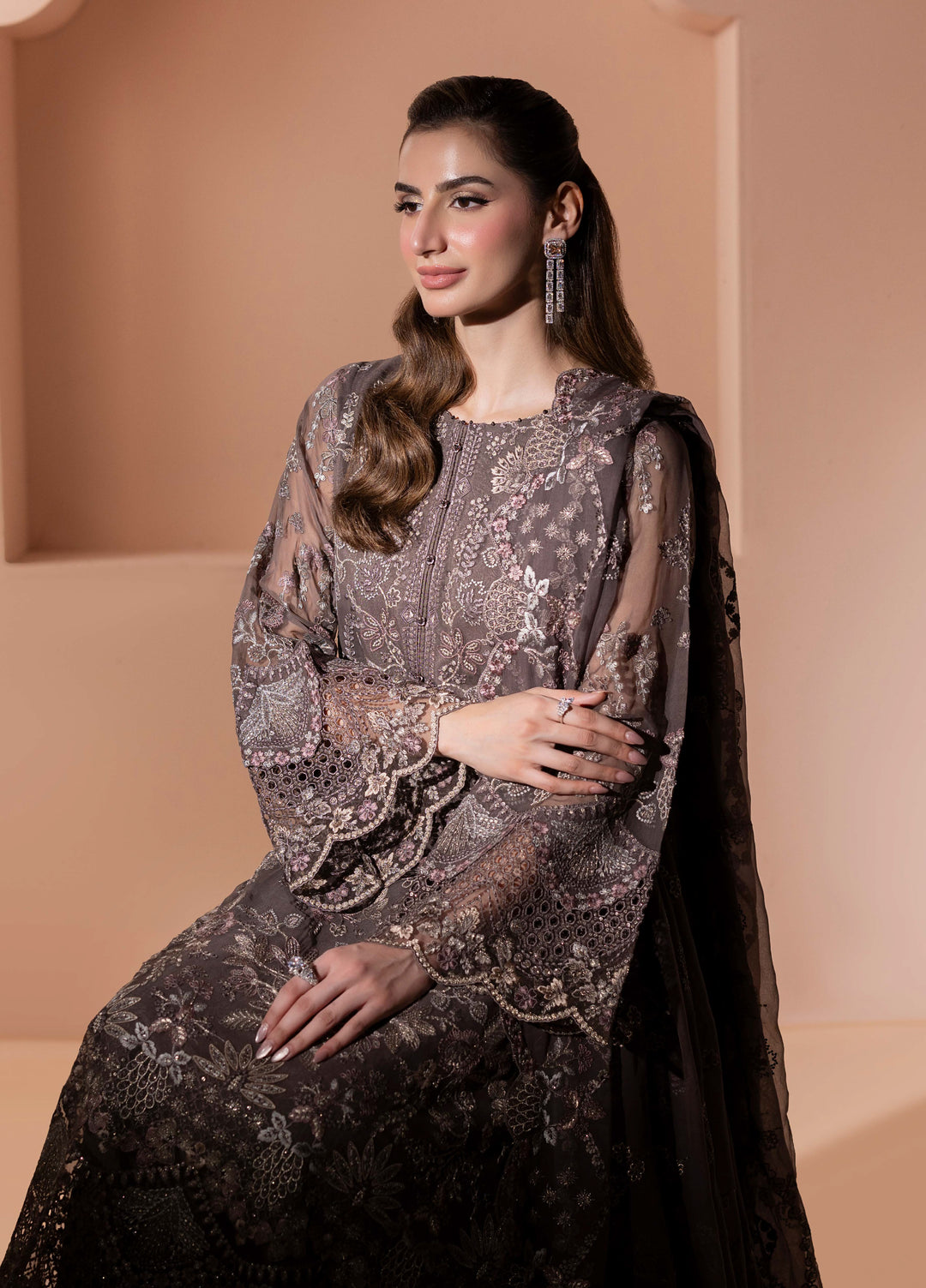 Murawwat by Lavish Premium Unstitched Luxury Chiffon Embroidered 3 peice LV25MC M-05 Sandstone Beige - Formals Collection
