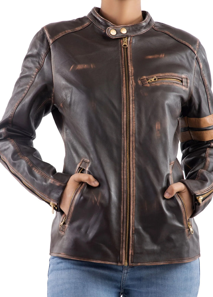 Jild Bomber Jacket Solids Distressed Racer Vintage Leather Jacket Women Brown - Winter Collection