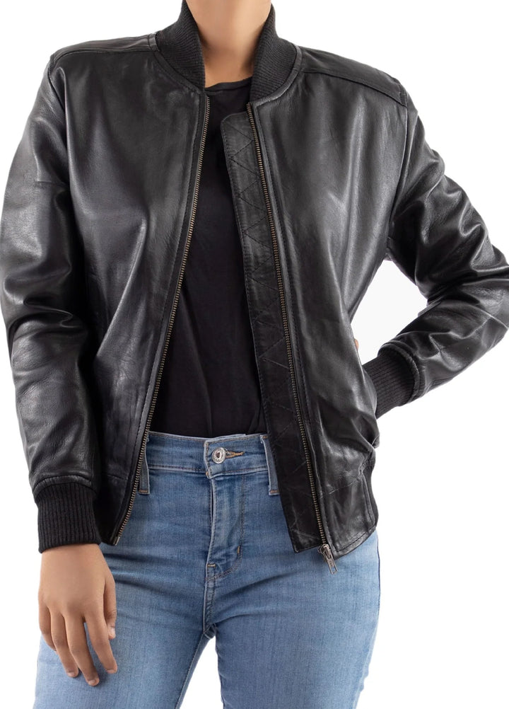 Jild Bomber Jacket Solids Womens Bomber Leather Jacket Black - Winter Collection