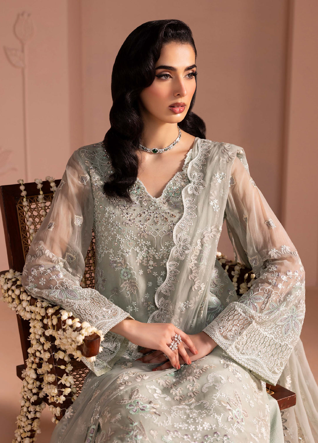 Murawwat by Lavish Premium Unstitched Luxury Chiffon Embroidered 3 peice LV25MC M-08 Mint Whisper - Formals Collection