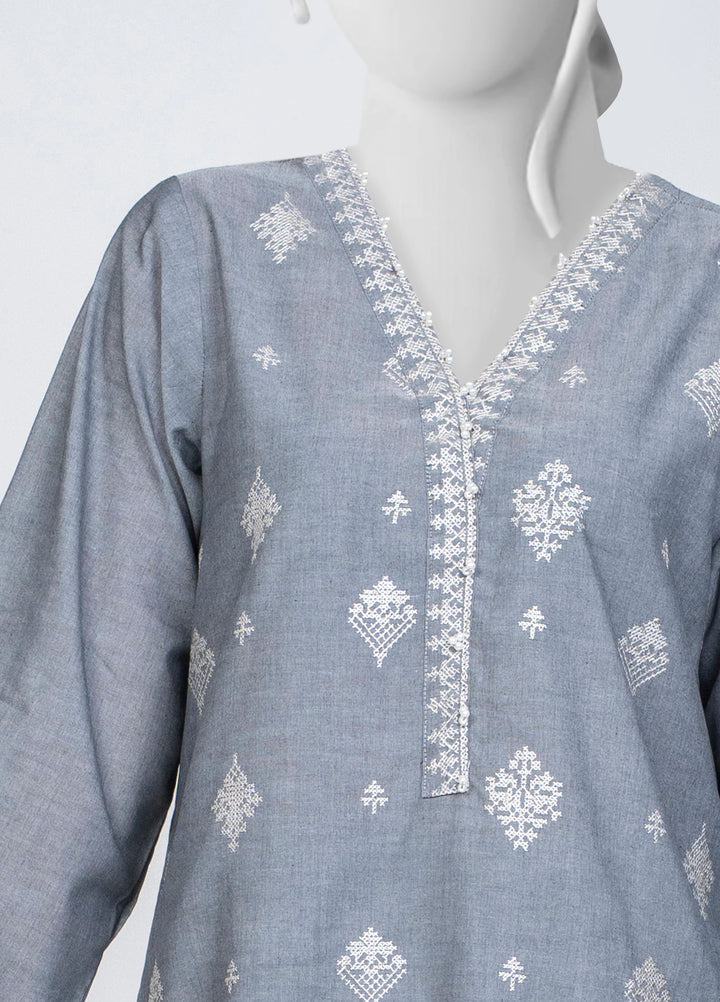 Ayla Studio Women Pret Chambray Solid Embroidered 2-Piece RTW Grey - Winter Collection