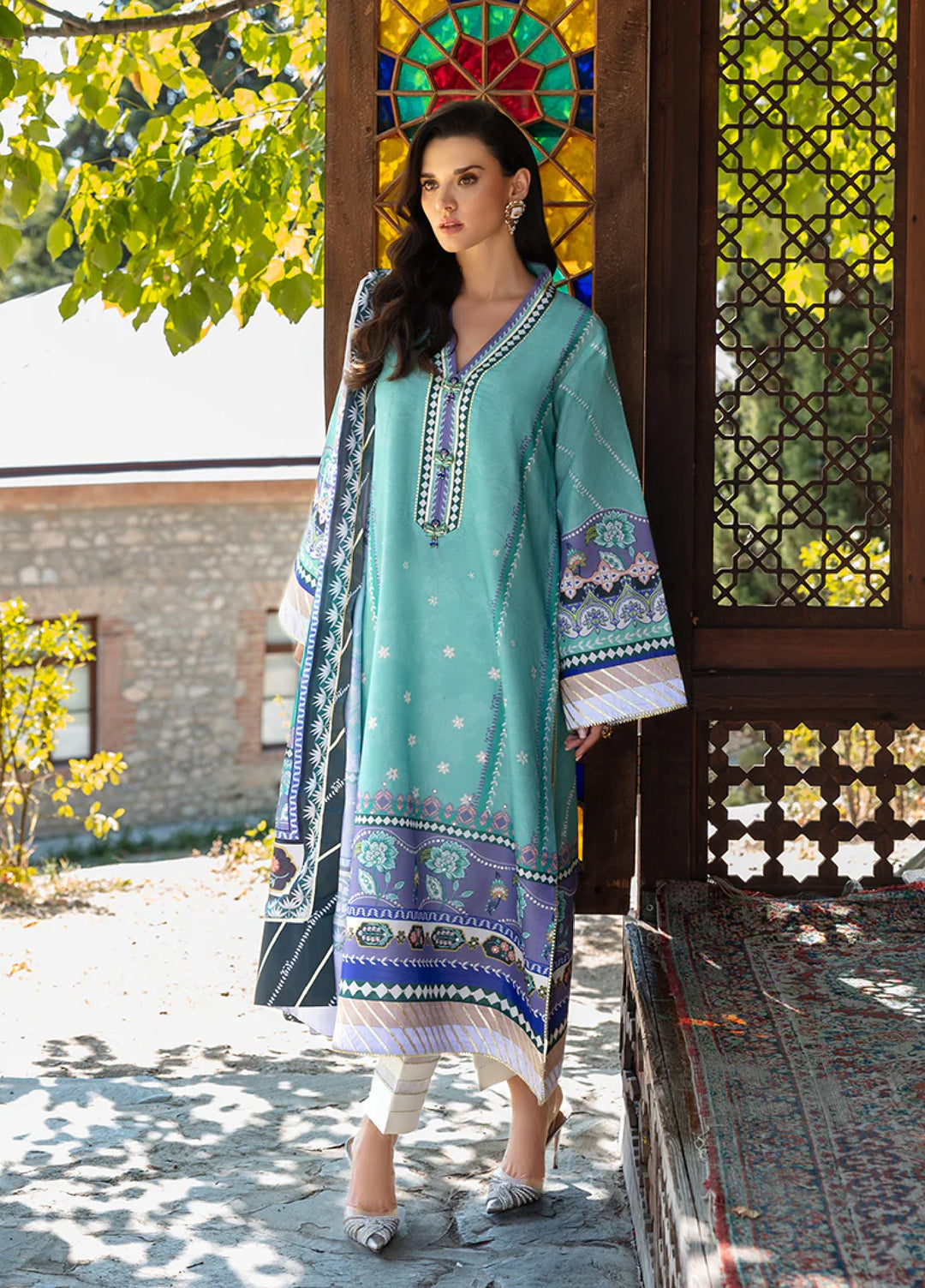 Mushq Hemline Echoes Of Serneity Unstitched Festive Raw Silk Printed 3 Piece MQ25ES D-10 Lunar Dew - Festive Collection