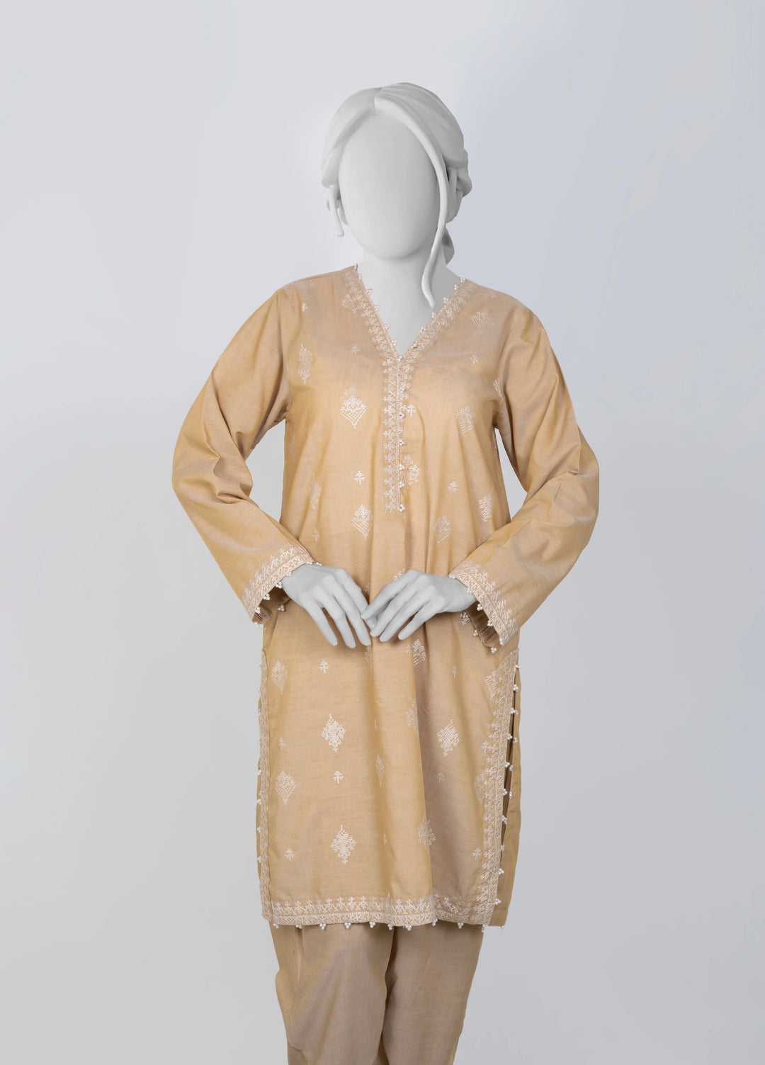 Ayla Studio Women Pret Chambray Solid Embroidered 2-Piece RTW Beige - Winter Collection