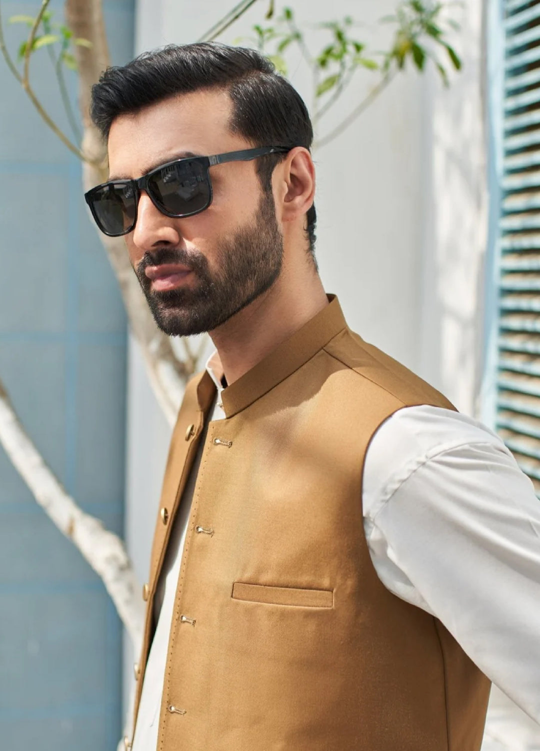 Muraqsh Ready To Wear Solids Cotton Men Off White Kameez Shalwar with Camel Suiting Waistcoat Round Cut MUR-COW - Summer Collection