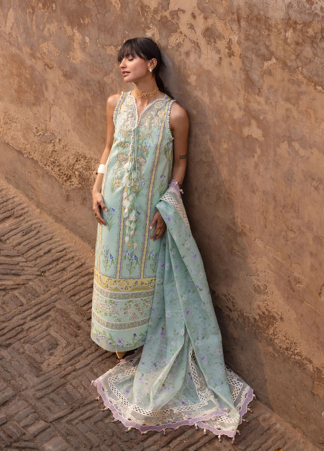 Flow by Crimson Unstitched Embroidered Lawn 3 Piece Suit CR26UFL D9 B-Seafoam - Festive Collection