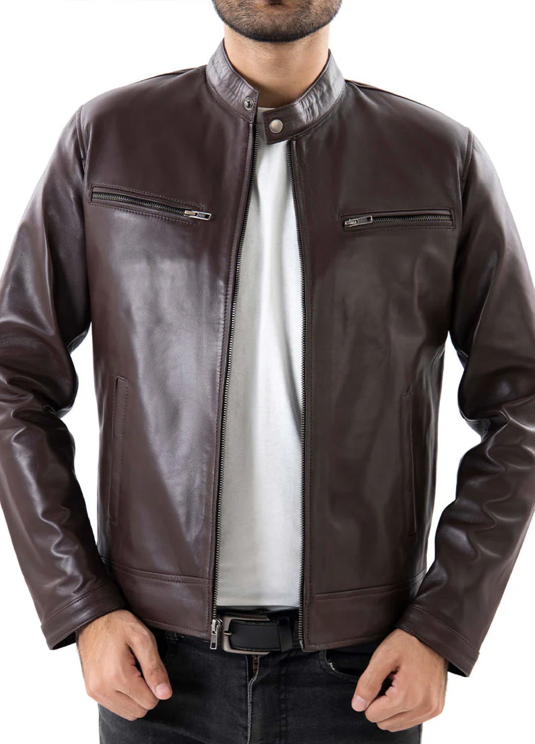 Brown Mens Pure Sheep Leather Zipper Jacket