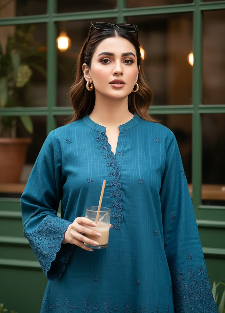Lakhany Women Pret Embroidered Cambric Shirt  Teal - Winter Collection