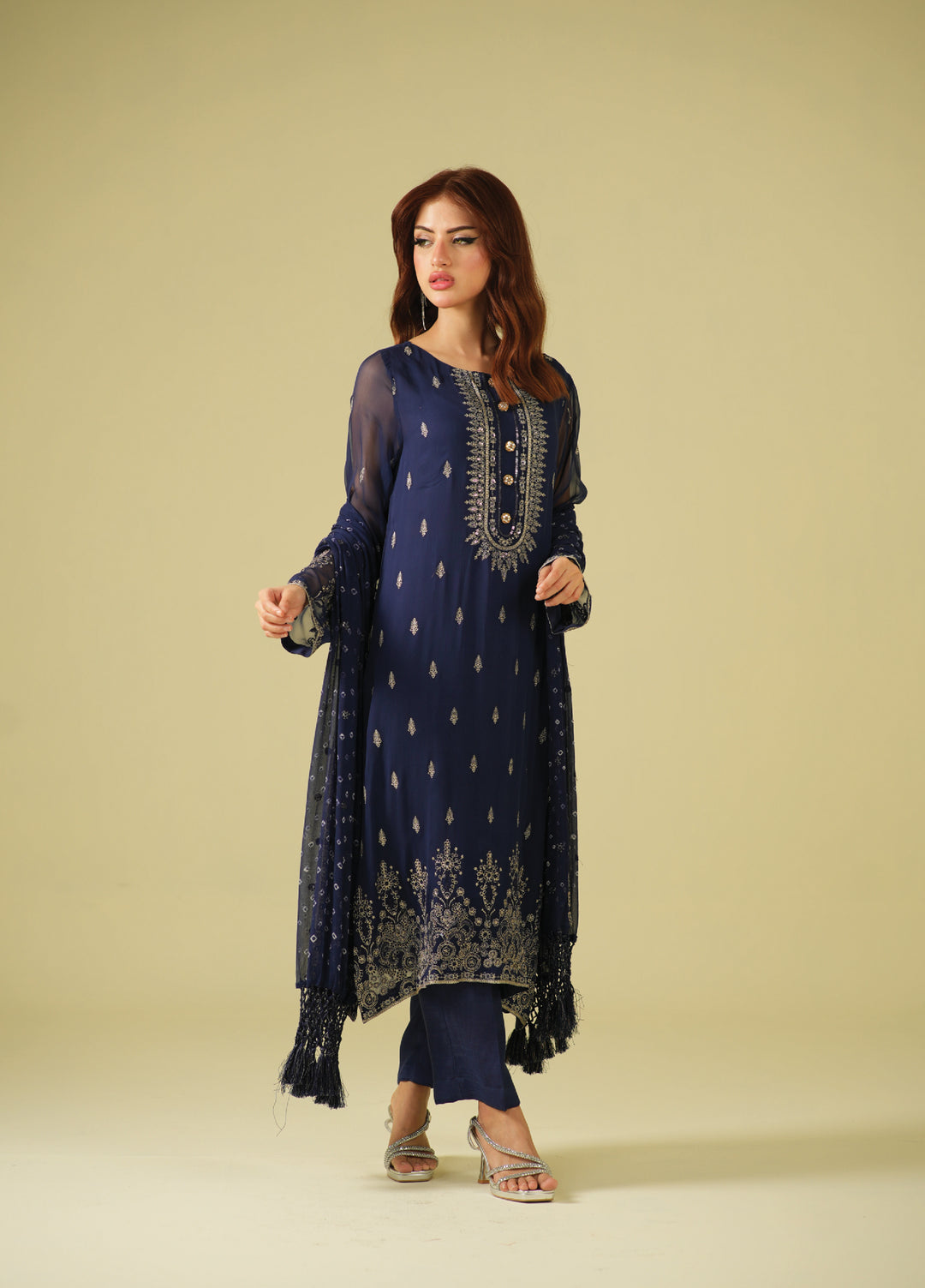 Satrang by Zouj Unstitched Chunri Chiffon Embroidered Suits 3 Piece ZJ25SC ZJCH-0032 Navy Blue - Festive Collection