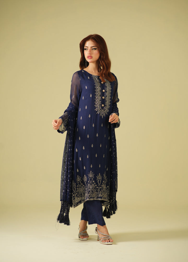 Satrang by Zouj Unstitched Chunri Chiffon Embroidered Suits 3 Piece ZJ25SC ZJCH-0032 Navy Blue - Festive Collection